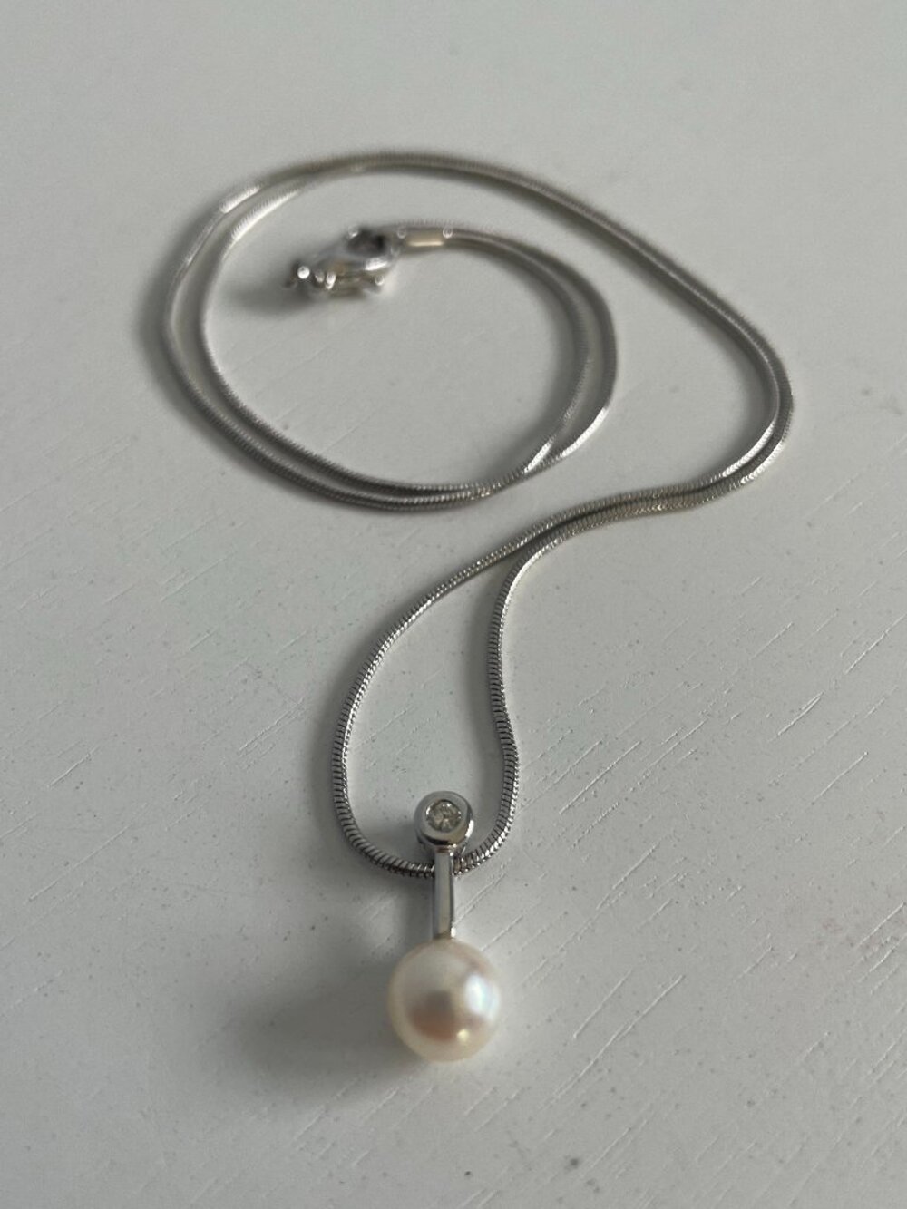 White Pearl & Bezel-Set Diamond Pendant (14K) on a Silver-Tone Snake Chain
